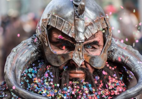Detailed LARP helmet combining fantasy design, sculptural craftsmanship, and realistic metallic finish
